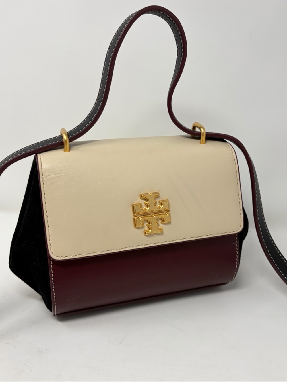 Tory Burch Juliette Top Handle Crossbody Burgundy Ivory Leather Suede Colorblock